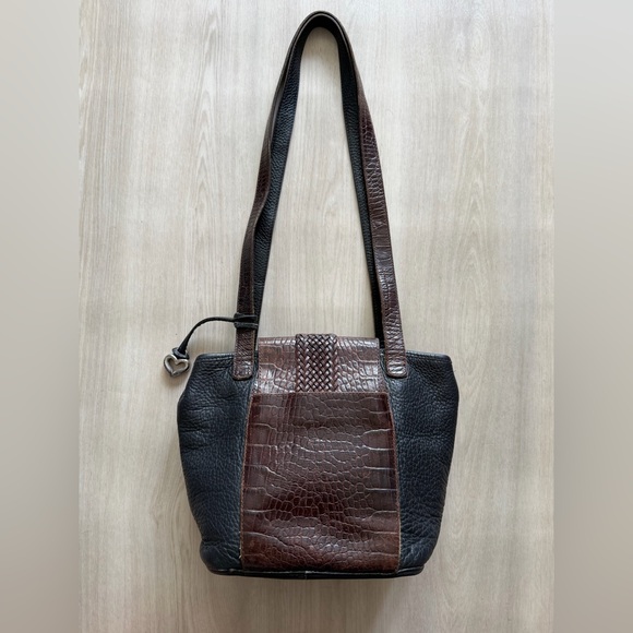 Vtg Brighton Leather Handbag Purse Crossbody Shoulder Bag Black Moc Croc - Picture 5 of 12